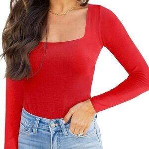 ReoRia Long Sleeve Square Neck Bodysuit Orange Size Medium
